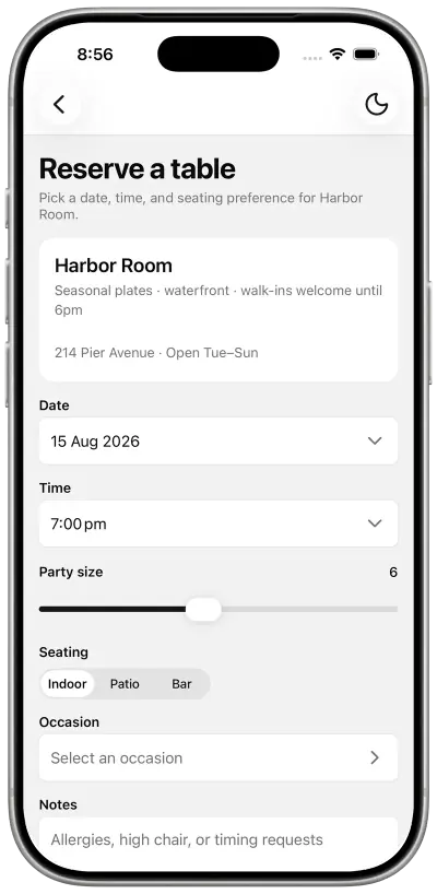Table reservation screen with date, time, and seating controls