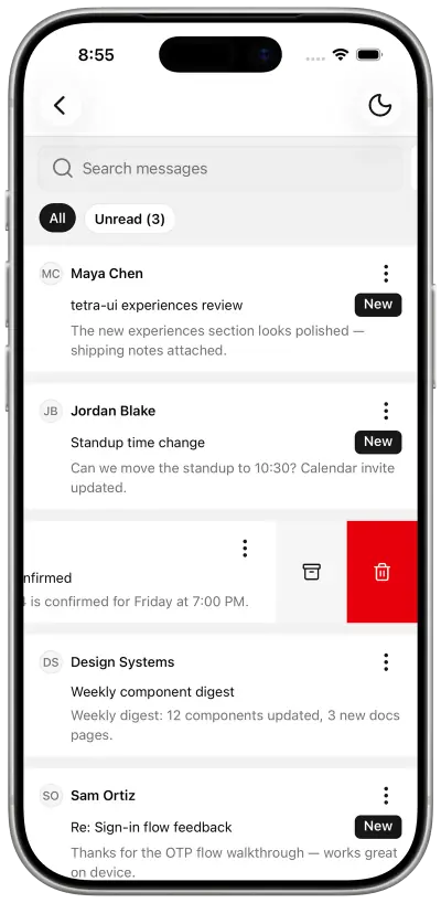 Inbox screen with message list and swipe actions