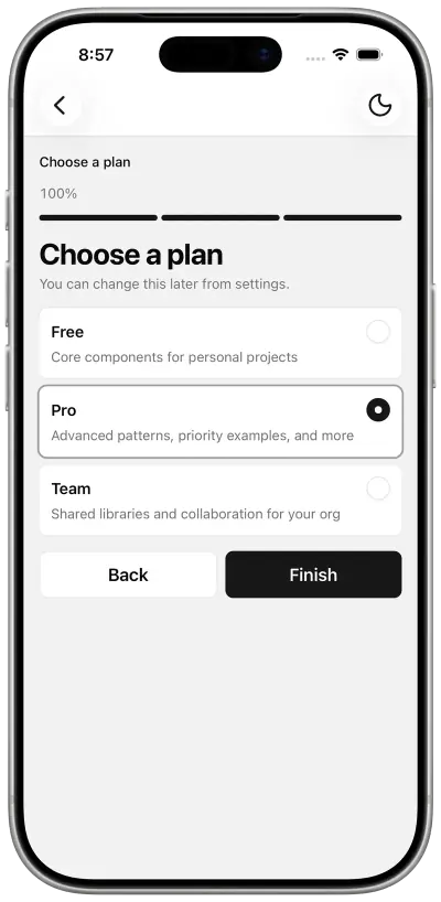 Onboarding screen to choose a Free, Pro, or Team plan