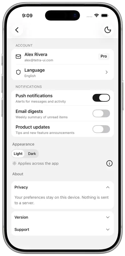 Settings screen with account, notifications, and appearance