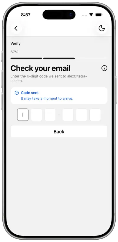 Email verification screen with a six-digit code field